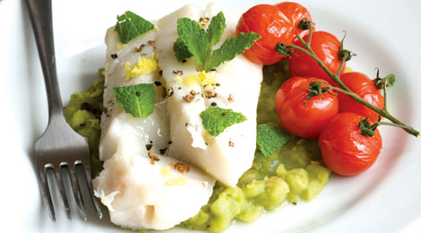 Cod fish tender loins in a sauce with on-the-vine tomatoes and mint.