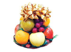 bun basket with an array of fruit