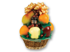 fruit gift basket with yellow bows