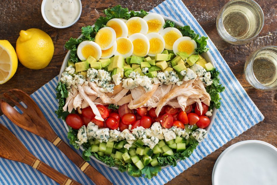 no-cook summer dinner recipes: chopped cob salad with ingredients laid on top