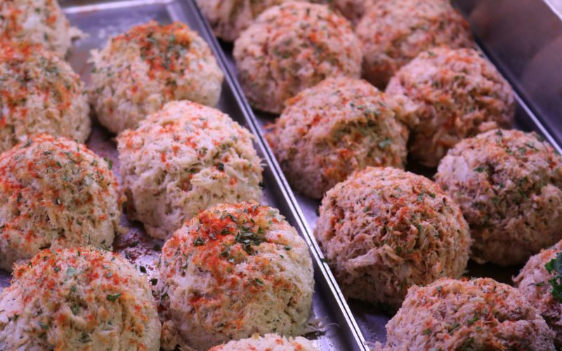 Crab cakes in the seafood case are made of fresh local seafood.