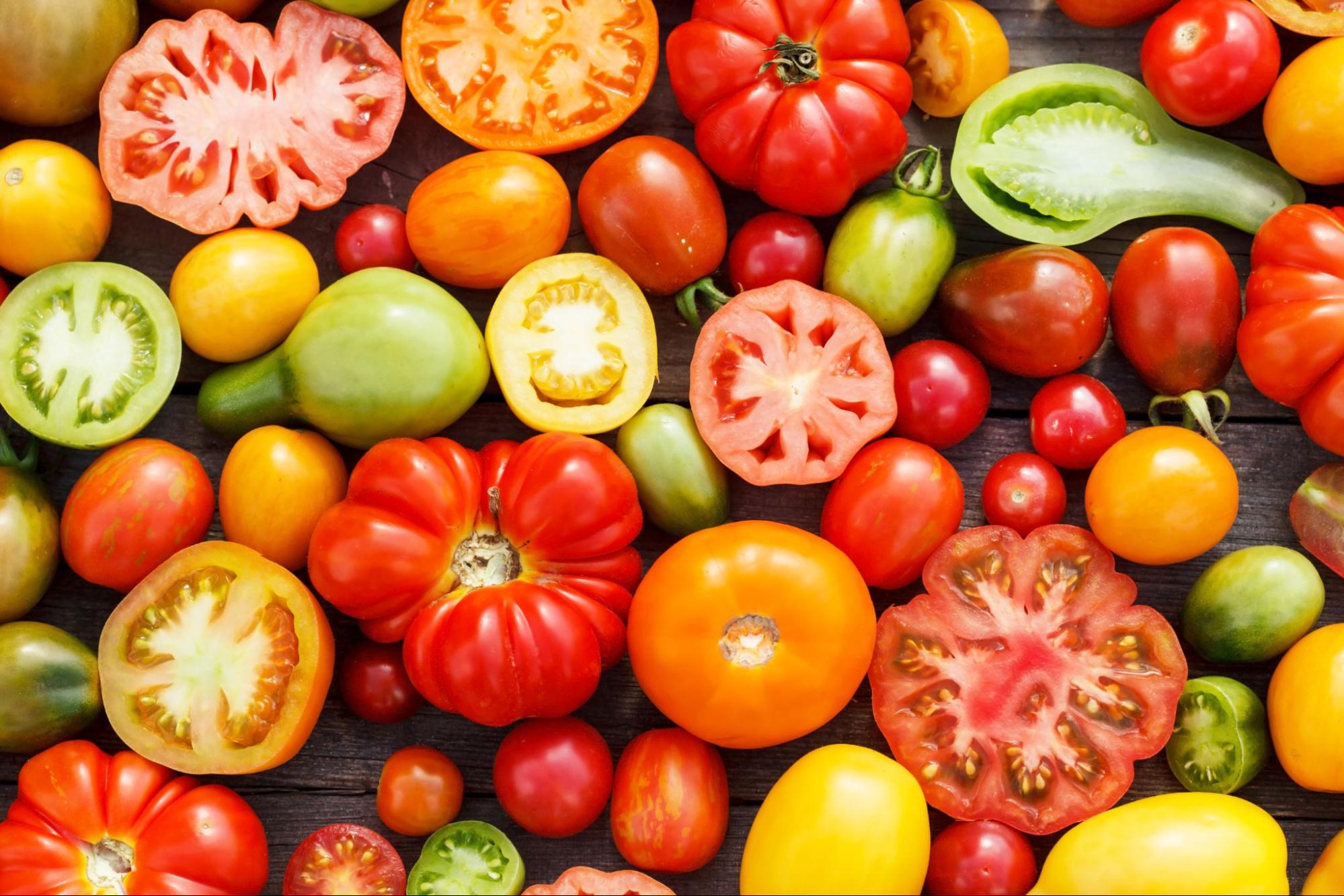Heirloom tomatoes in all shapes and colors.