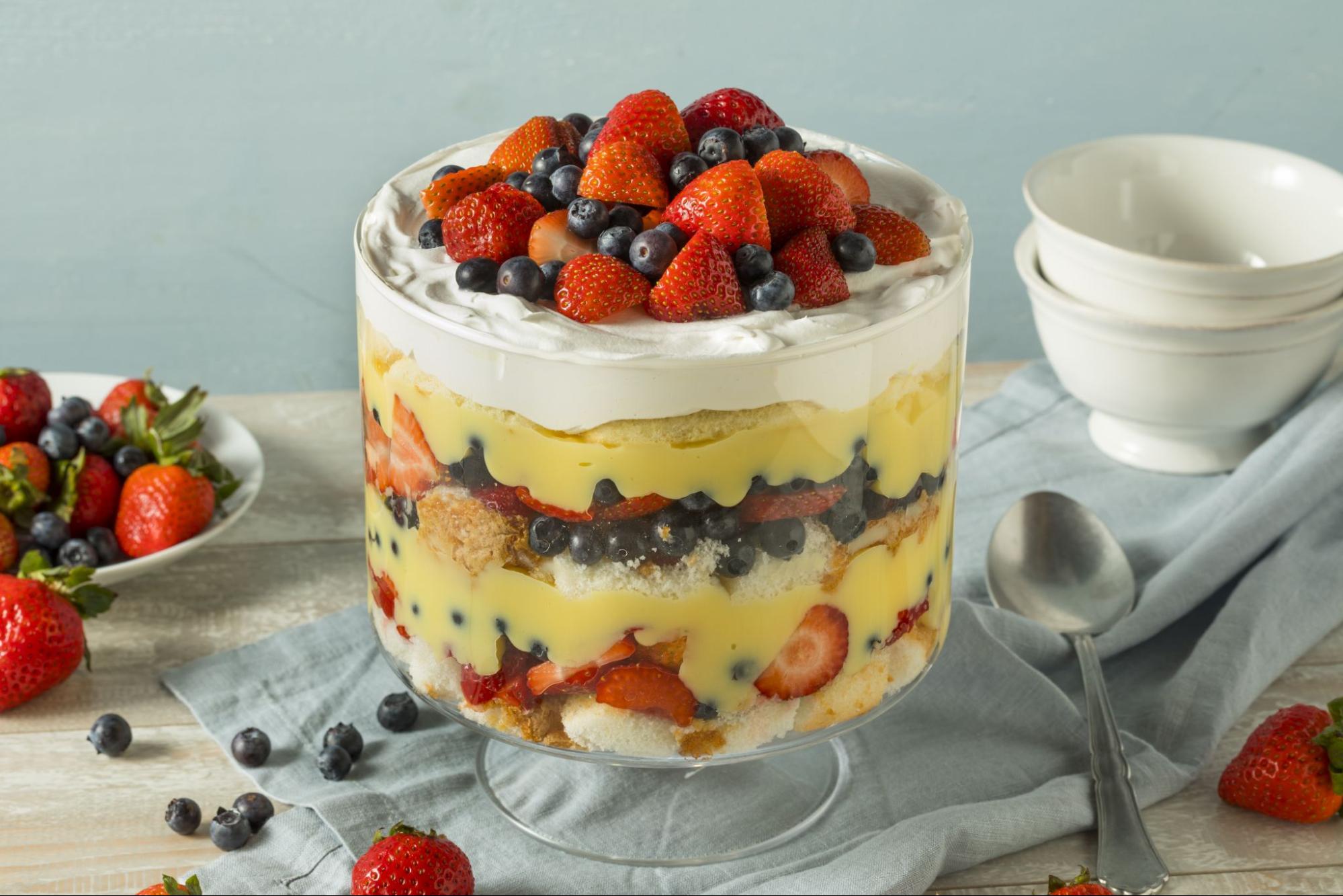 A delicious berries and cream trifle makes a great dessert.