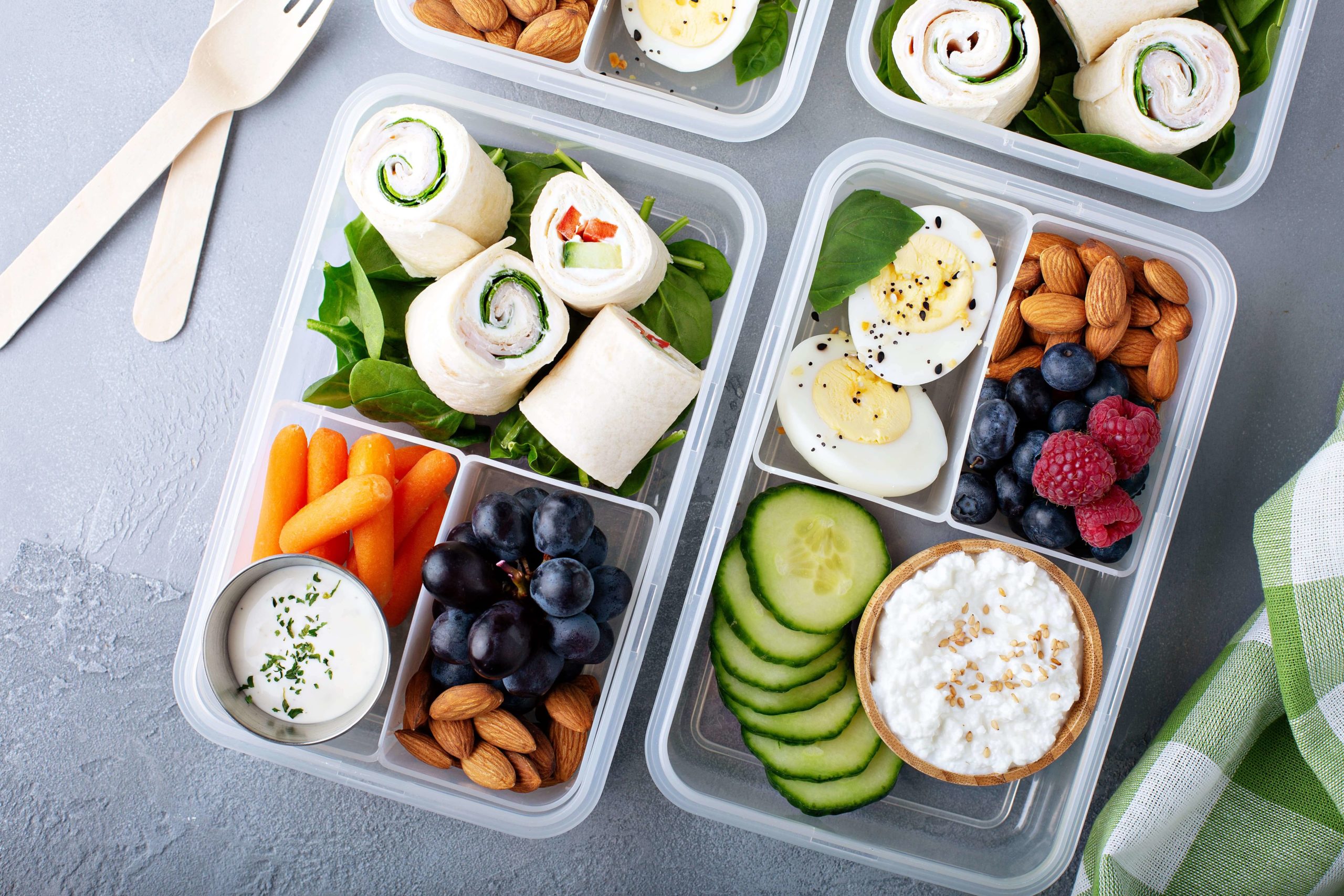 Prepped healthy lunch and snacks.