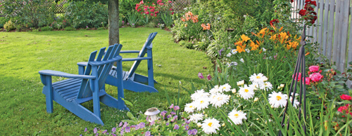 blue adirondack chairs with perennials