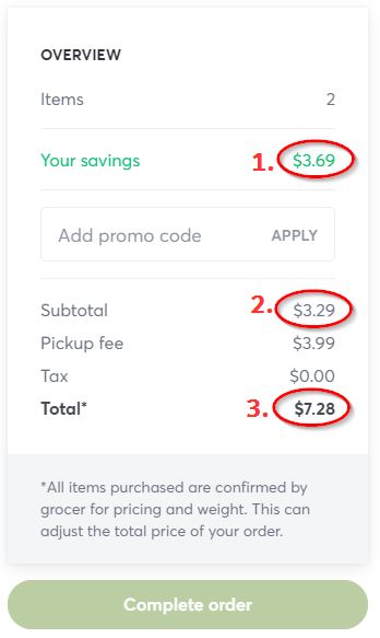 overview of items in cart and savings