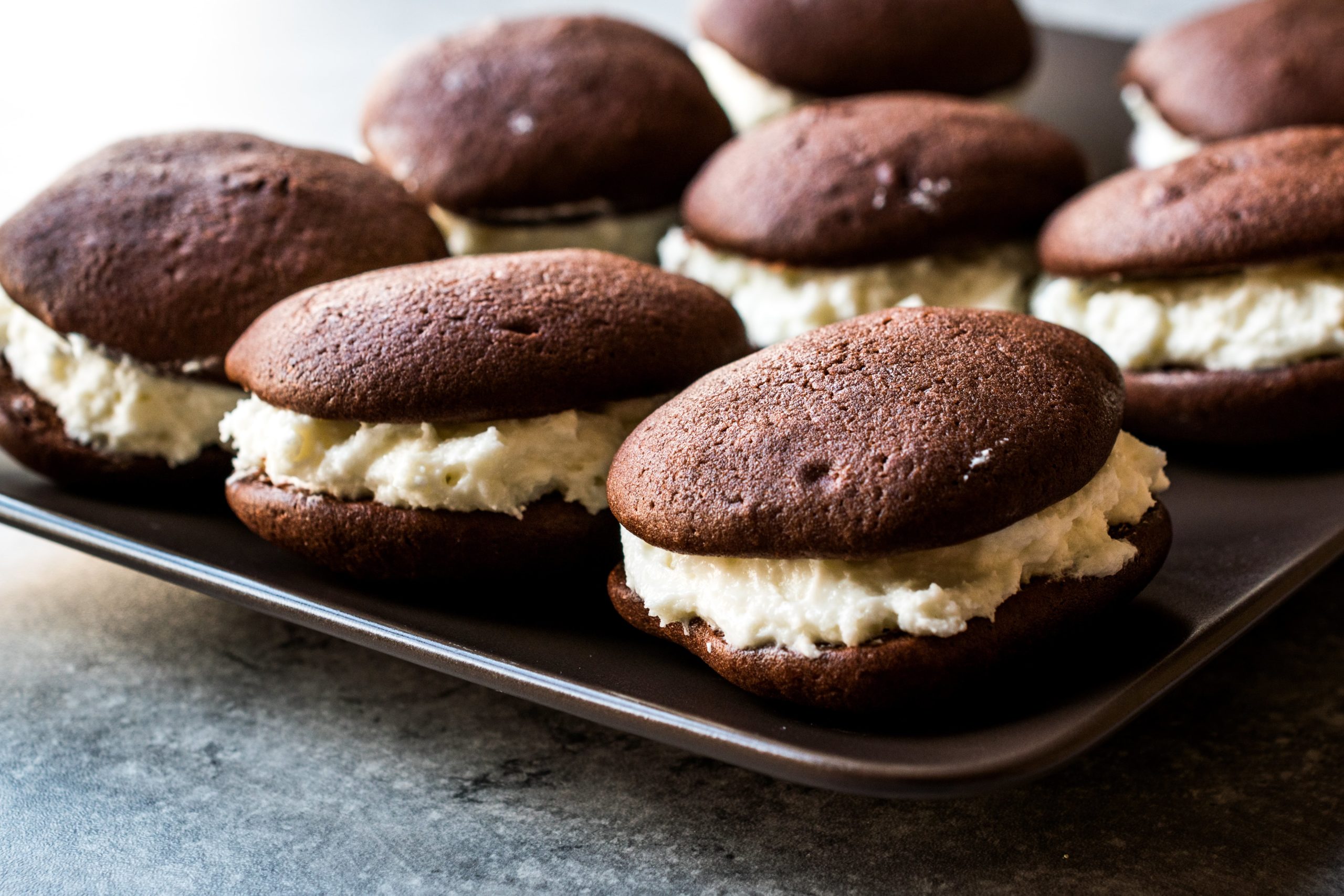 Homemade chocolate Amish whoopie pies with vanilla filling. 