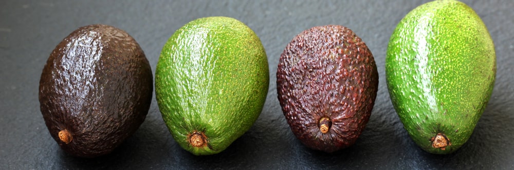 Different types of avocados, at different stages of ripeness.