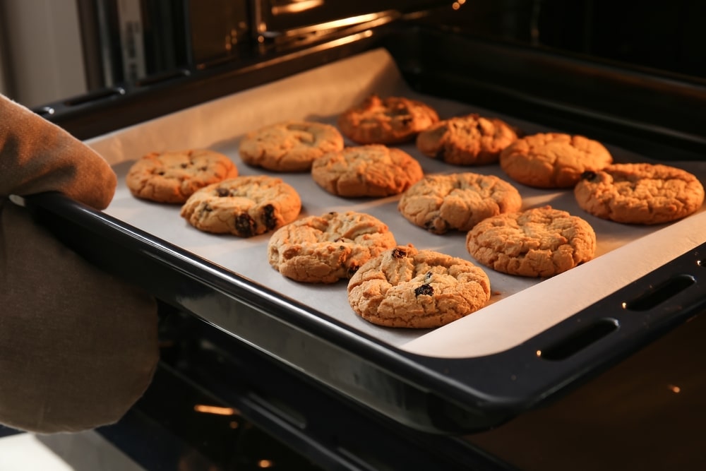 A tray of chocolate chip cookies being pulled from an oven.