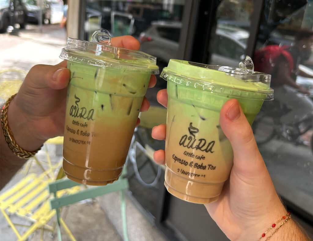 Two iced lattes with green cold foam from Aura Little Cafe, one of the best local tea and coffee roasters in Lancaster PA