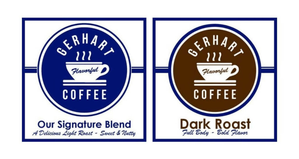Gerhart Coffee signature blend logo in blue and Gerhart Coffee dark roast logo in brown
