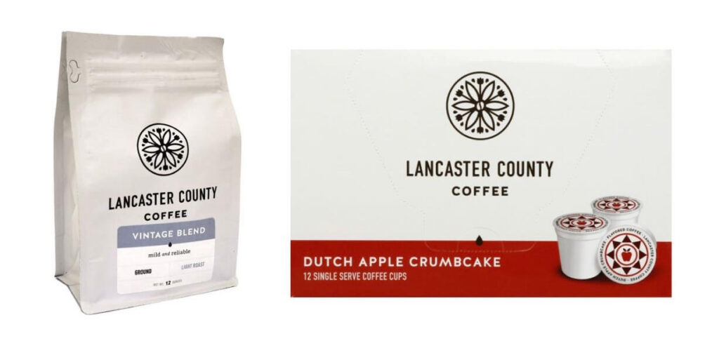 Bag of Lancaster County Coffee Roasters coffee grounds and a box of Lancaster County Coffee Roasters single serve coffee cups in the flavor dutch apple crumb cake