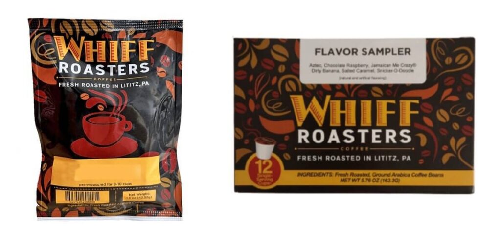 Bag of Whiff Roasters coffee grounds and a box of Whiff Roasters flavored coffee sampler