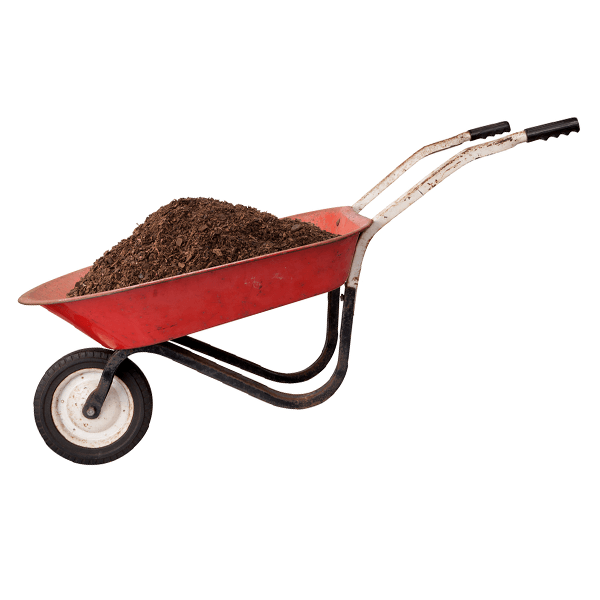 Red wheelbarrow filled with bulk mulch