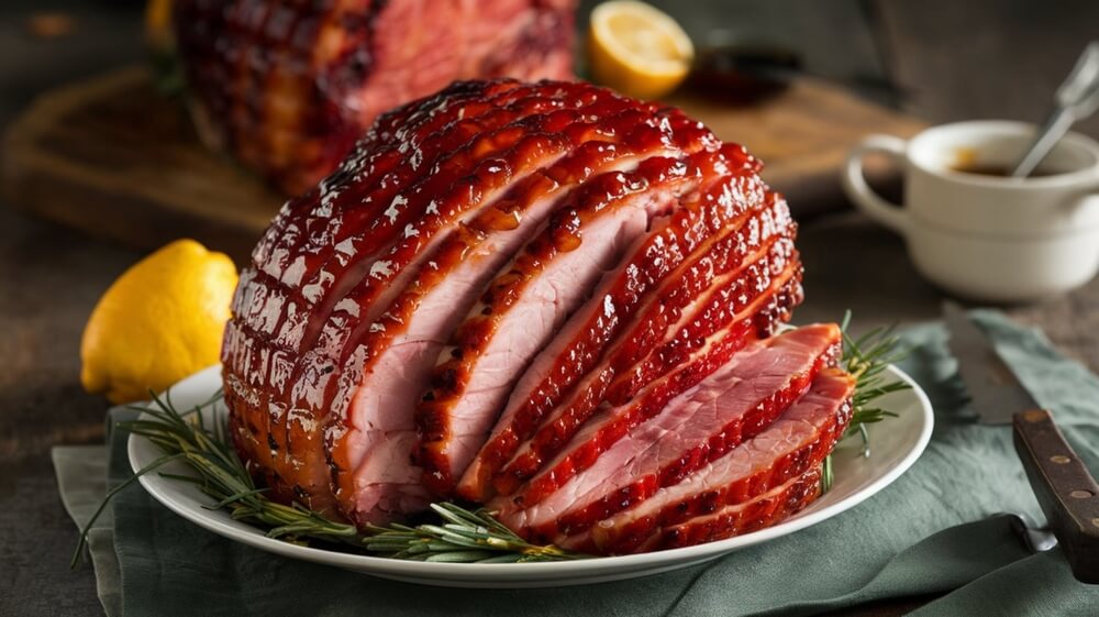 A sliced, glazed, easy Thanksgiving ham on a plate