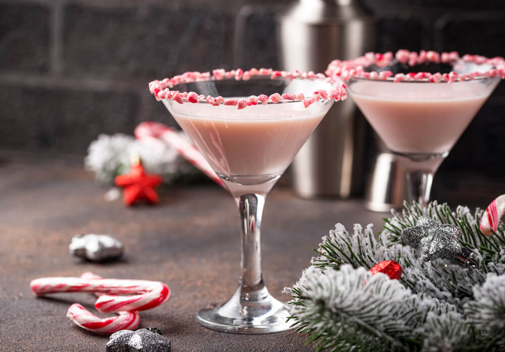 Easy mocktail recipe for a candy cane martini with a peppermint rim