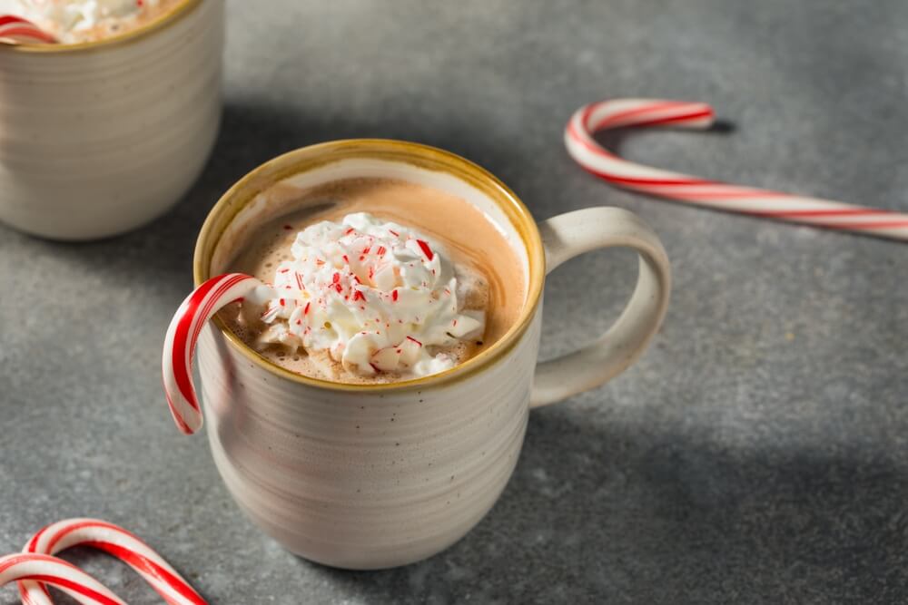 A cup of peppermint hot chocolate in a white mug with whipped cream and a candy cane