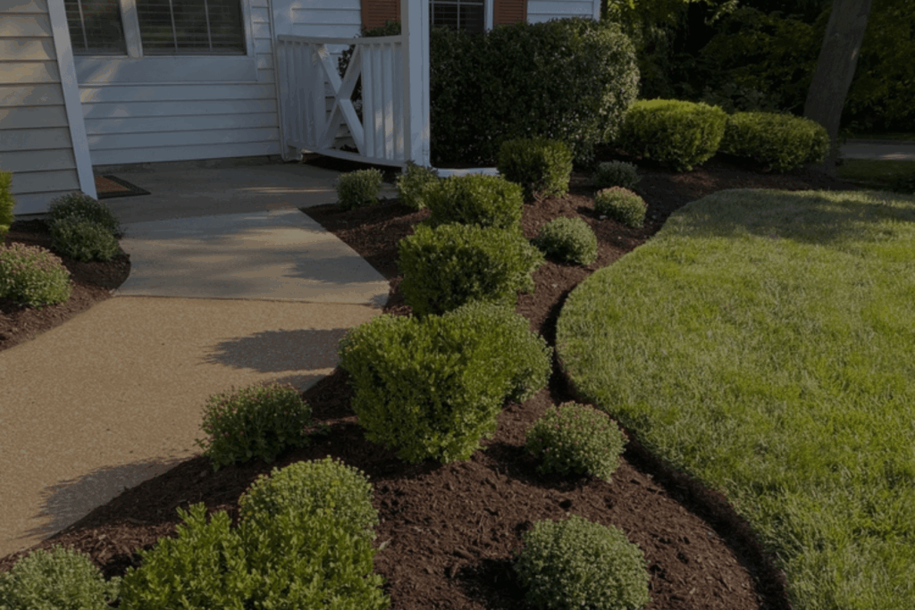 Recently-mulched lawn with bushes growing along a sidewalk