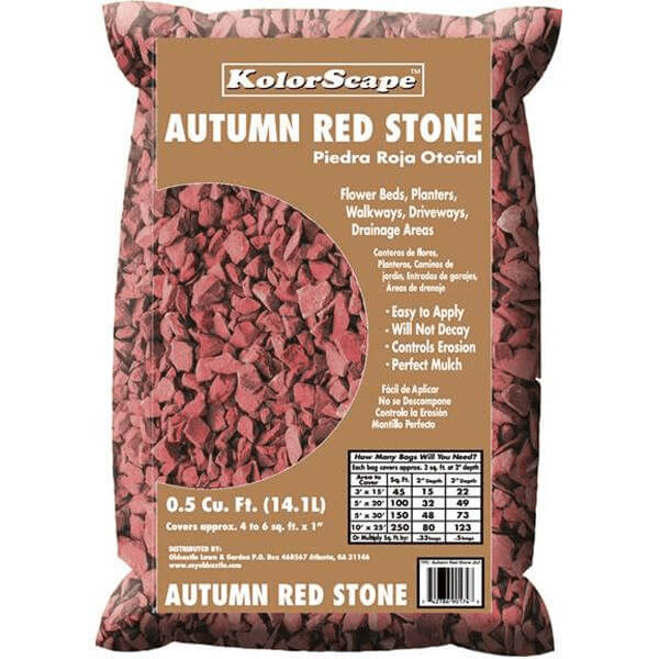 Bag of autumn red stone to use in landscaping