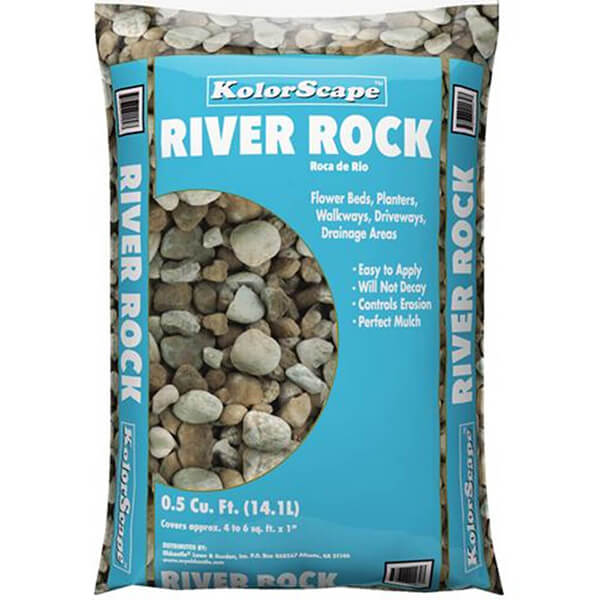 A blue bag of river rock