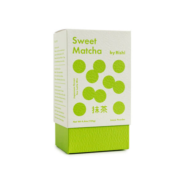 A white and green box of sweet matcha powder by Rishi