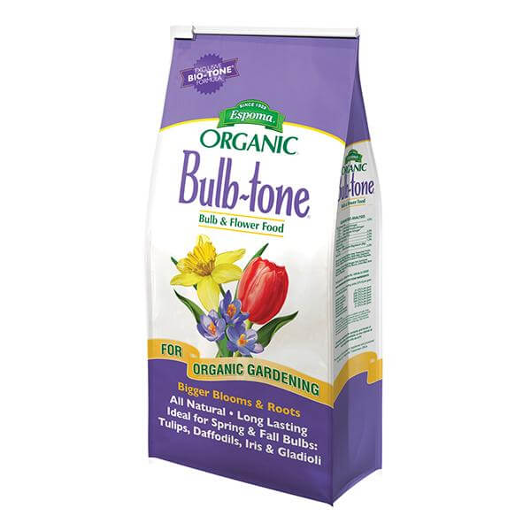 White and purple bag of Espoma bulb tone fall planting fertilizer